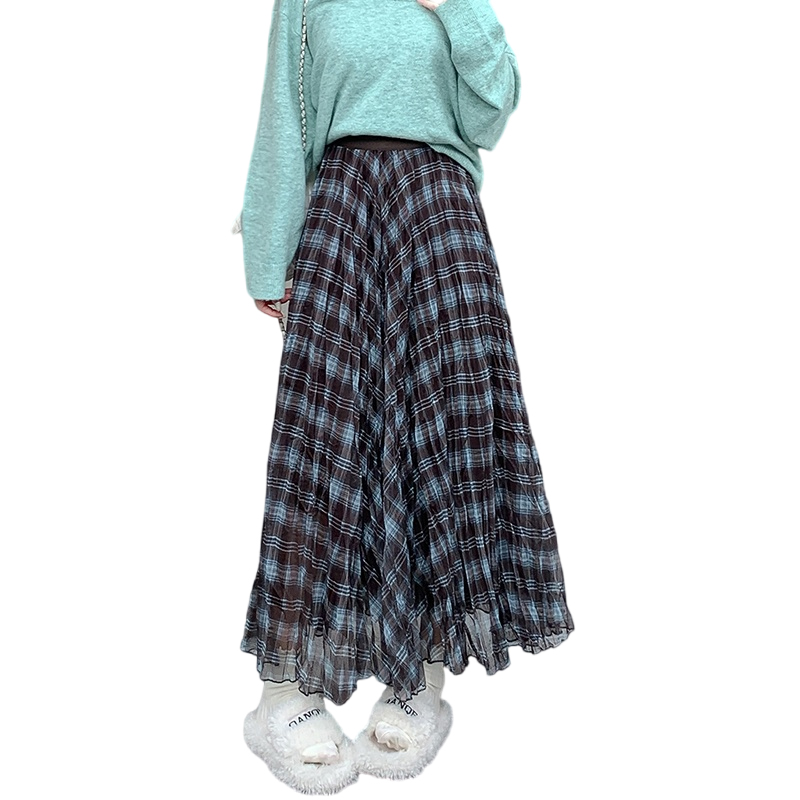 Autumn Winter Retro Plaid Mesh Asymmetrical Skirt Slimming Draped Layered Mid Length A Line Long Skirt Women - Image 5
