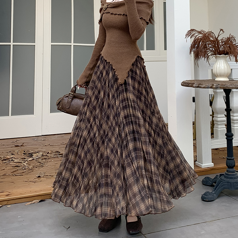 Autumn Winter Retro Plaid Mesh Asymmetrical Skirt Slimming Draped Layered Mid Length A Line Long Skirt Women - Image 2