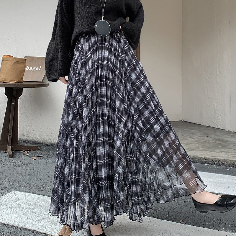 Autumn Winter Retro Plaid Mesh Asymmetrical Skirt Slimming Draped Layered Mid Length A Line Long Skirt Women - Image 4