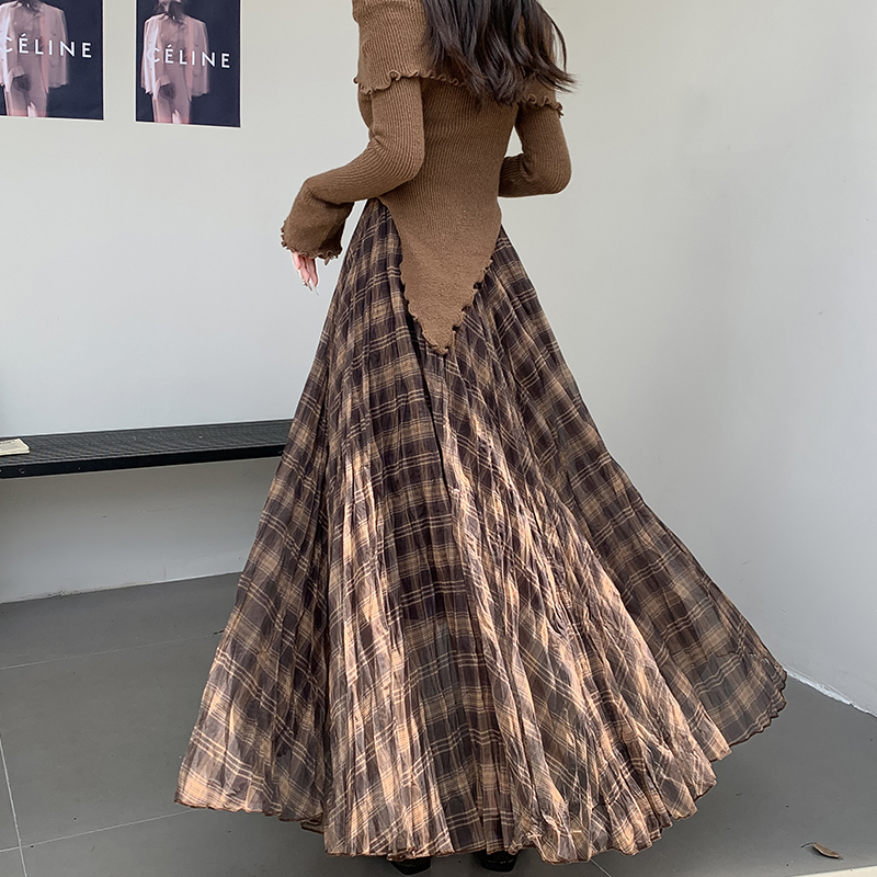 Autumn Winter Retro Plaid Mesh Asymmetrical Skirt Slimming Draped Layered Mid Length A Line Long Skirt Women