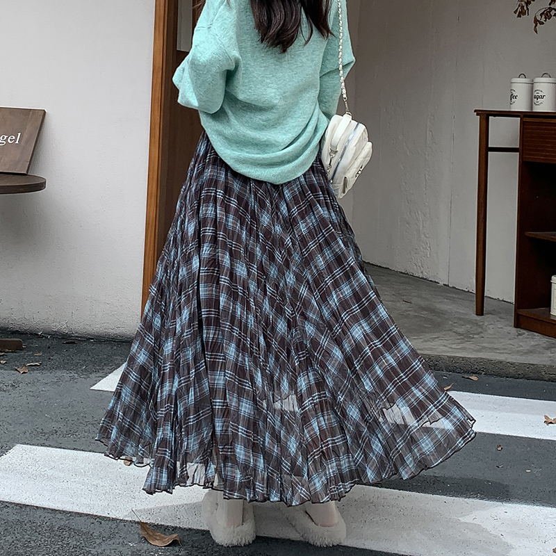 Autumn Winter Retro Plaid Mesh Asymmetrical Skirt Slimming Draped Layered Mid Length A Line Long Skirt Women - Image 3