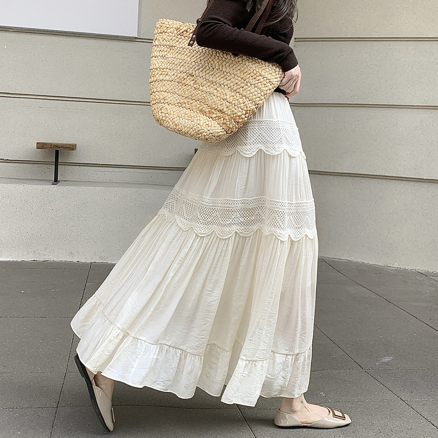 French Style Elastic Waist Skirt 2026 Spring Summer High Waist Slimming Hollow Out A-Line Long Skirt