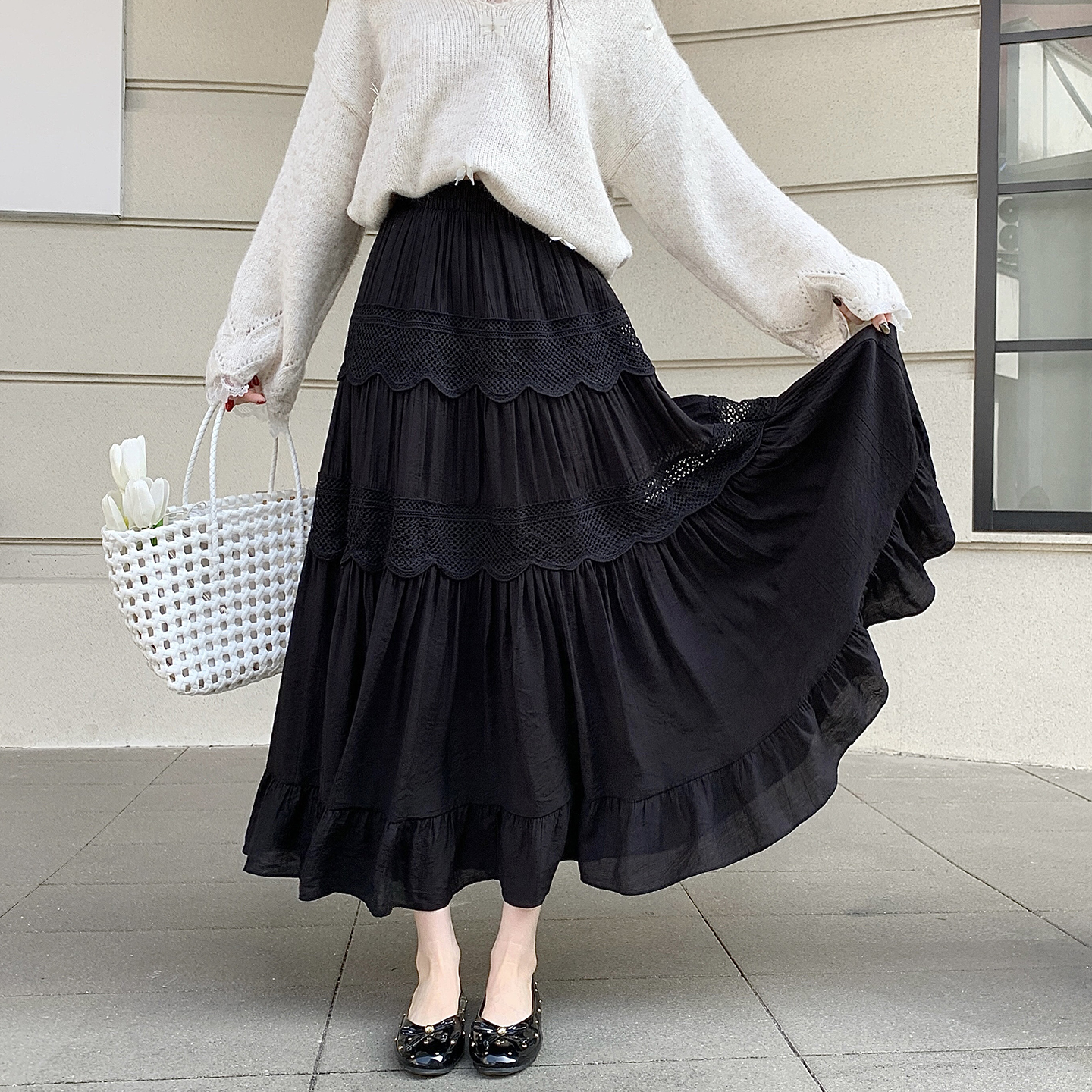 French Style Elastic Waist Skirt 2026 Spring Summer High Waist Slimming Hollow Out A-Line Long Skirt - Image 4