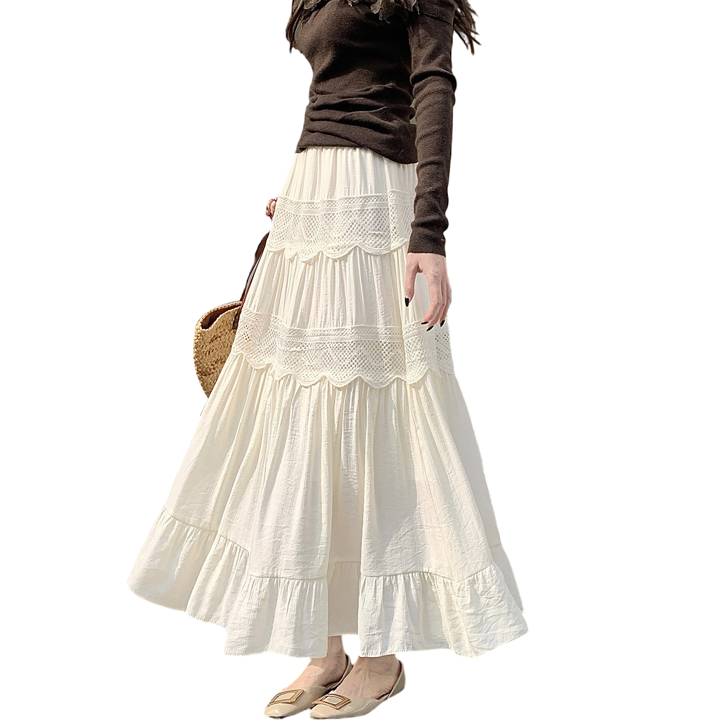 French Style Elastic Waist Skirt 2026 Spring Summer High Waist Slimming Hollow Out A-Line Long Skirt - Image 5