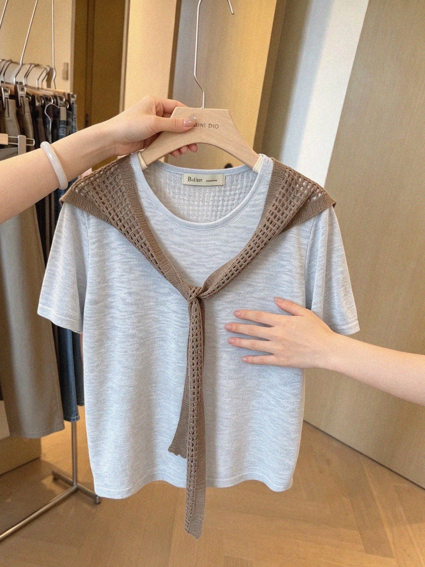 Women's Summer Hollow-Out Cape Faux Two-Piece Short-Sleeve T-Shirt - Image 2