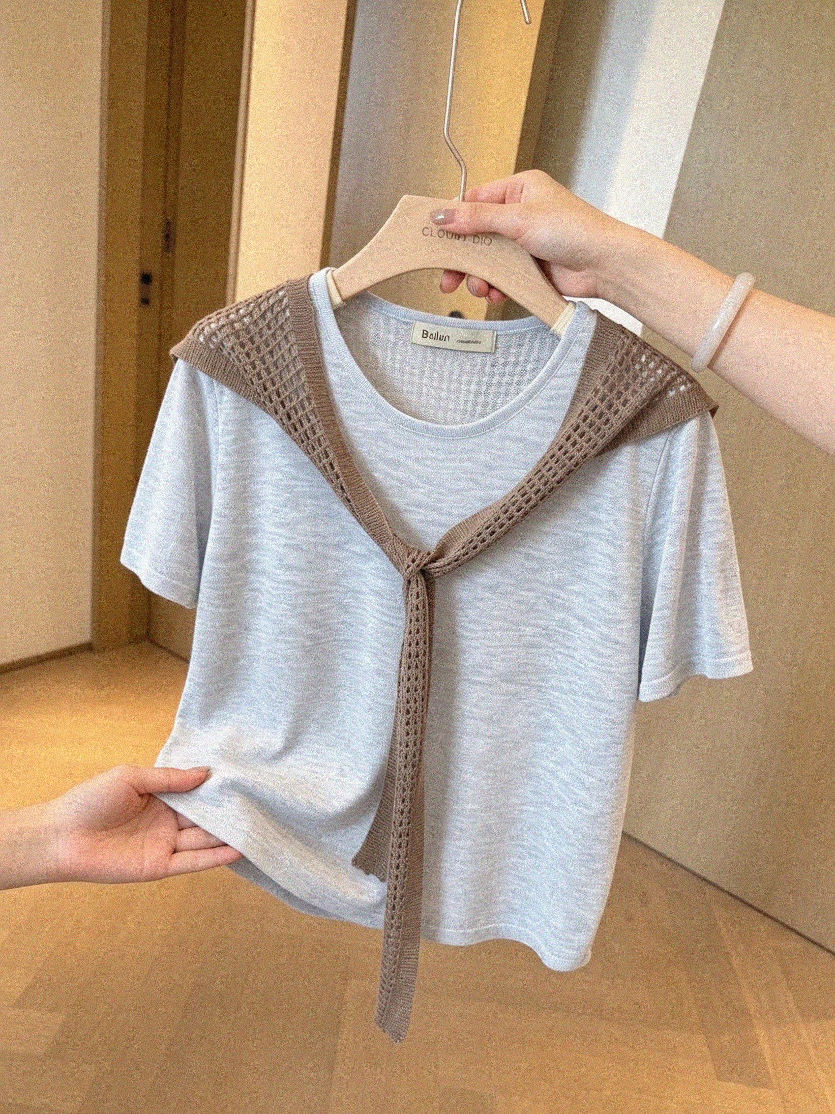 Women's Summer Hollow-Out Cape Faux Two-Piece Short-Sleeve T-Shirt - Image 3
