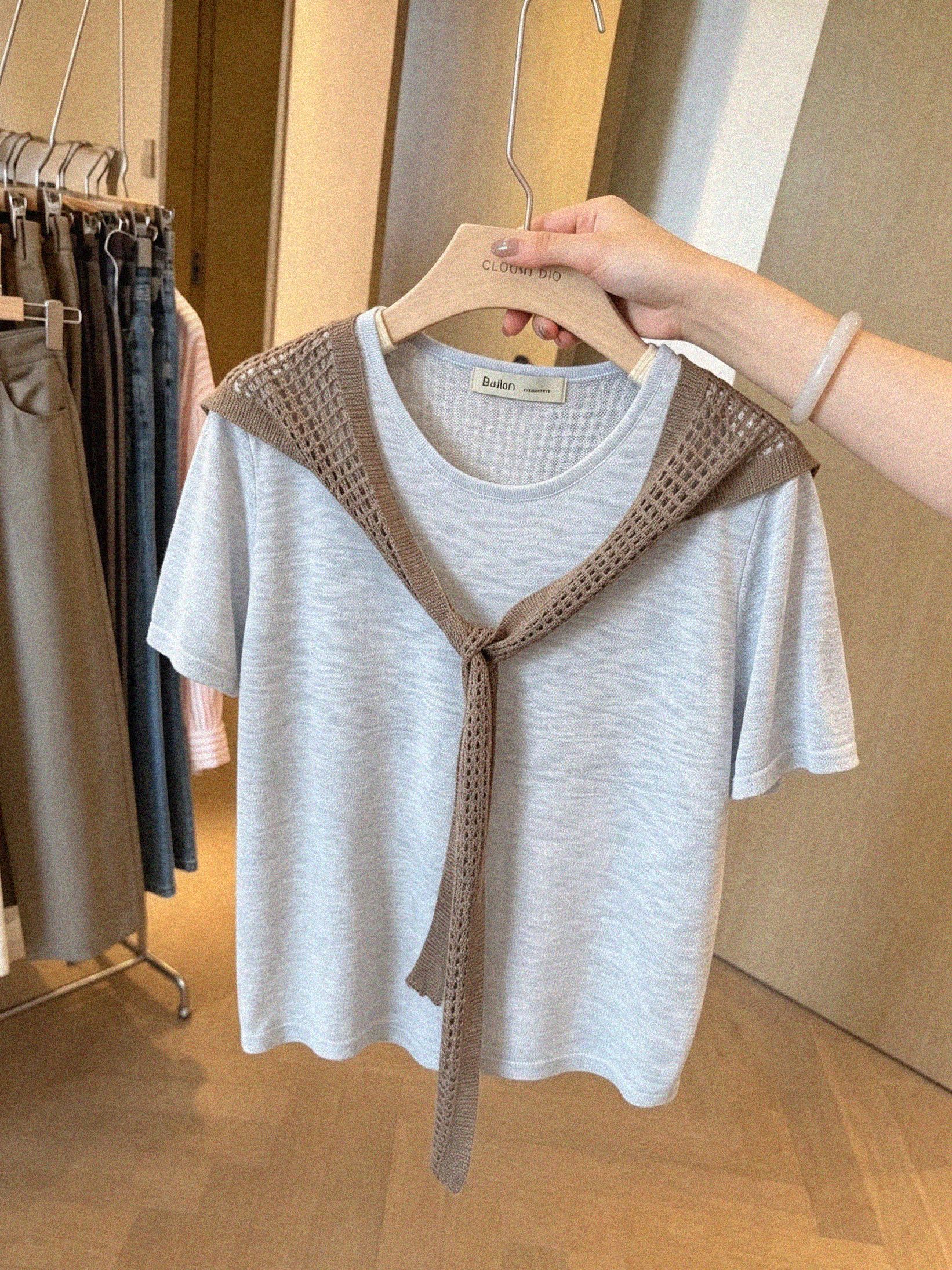 Women's Summer Hollow-Out Cape Faux Two-Piece Short-Sleeve T-Shirt - Image 4