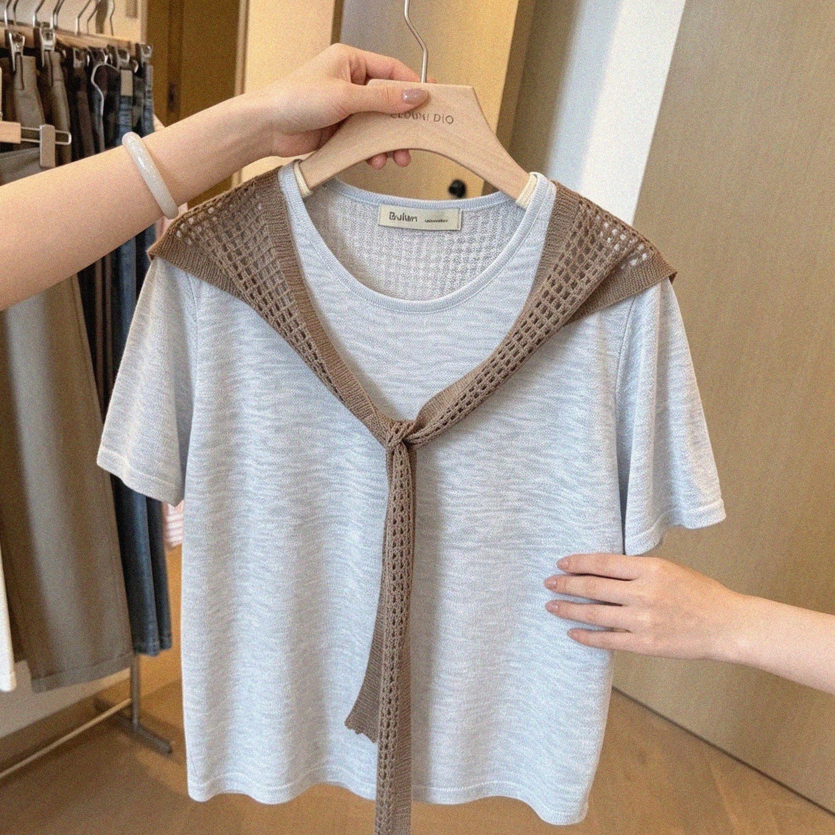 Women's Summer Hollow-Out Cape Faux Two-Piece Short-Sleeve T-Shirt - Image 5
