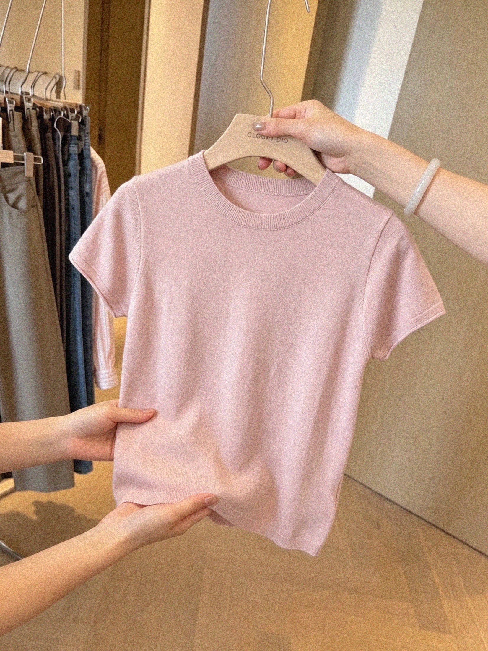 Pink Ice Silk Knit Short Sleeve T-Shirt for Women Summer Slim Fit - Image 3