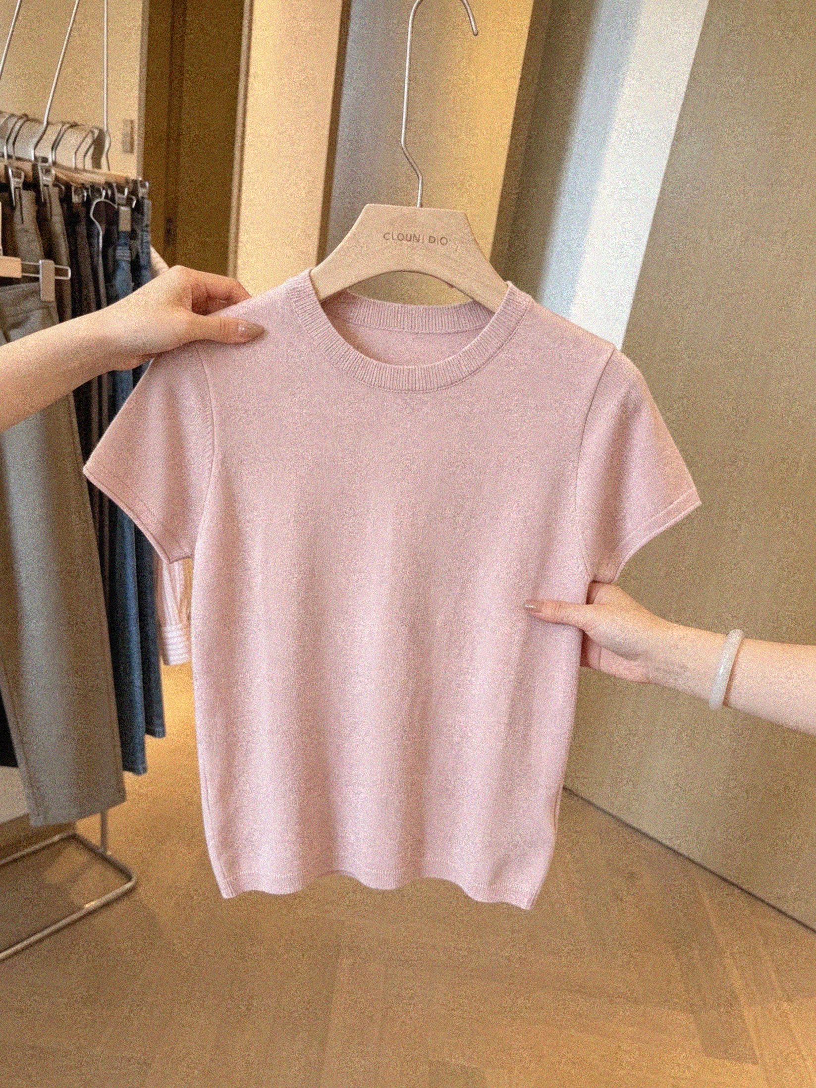 Pink Ice Silk Knit Short Sleeve T-Shirt for Women Summer Slim Fit - Image 2