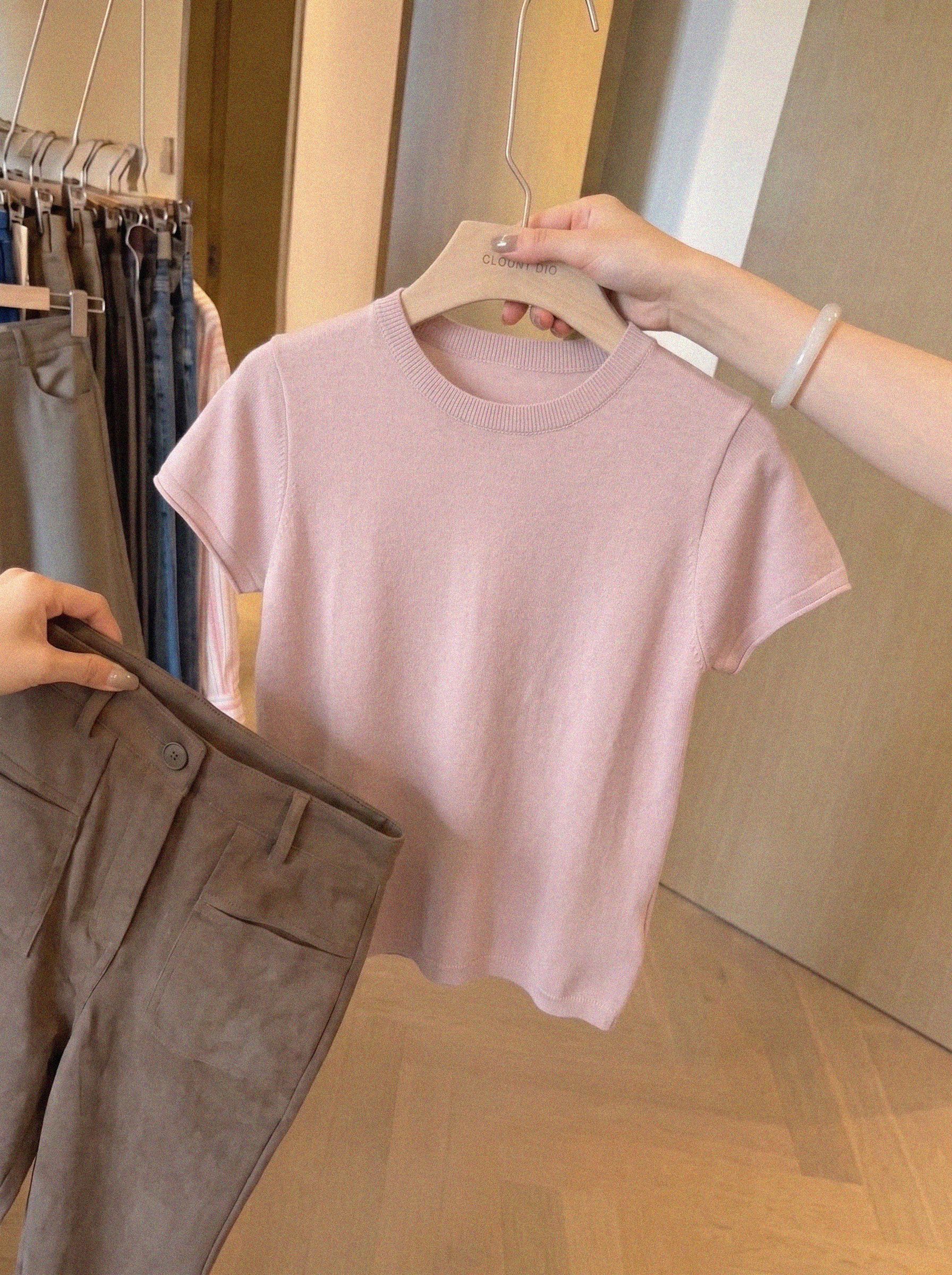 Pink Ice Silk Knit Short Sleeve T-Shirt for Women Summer Slim Fit