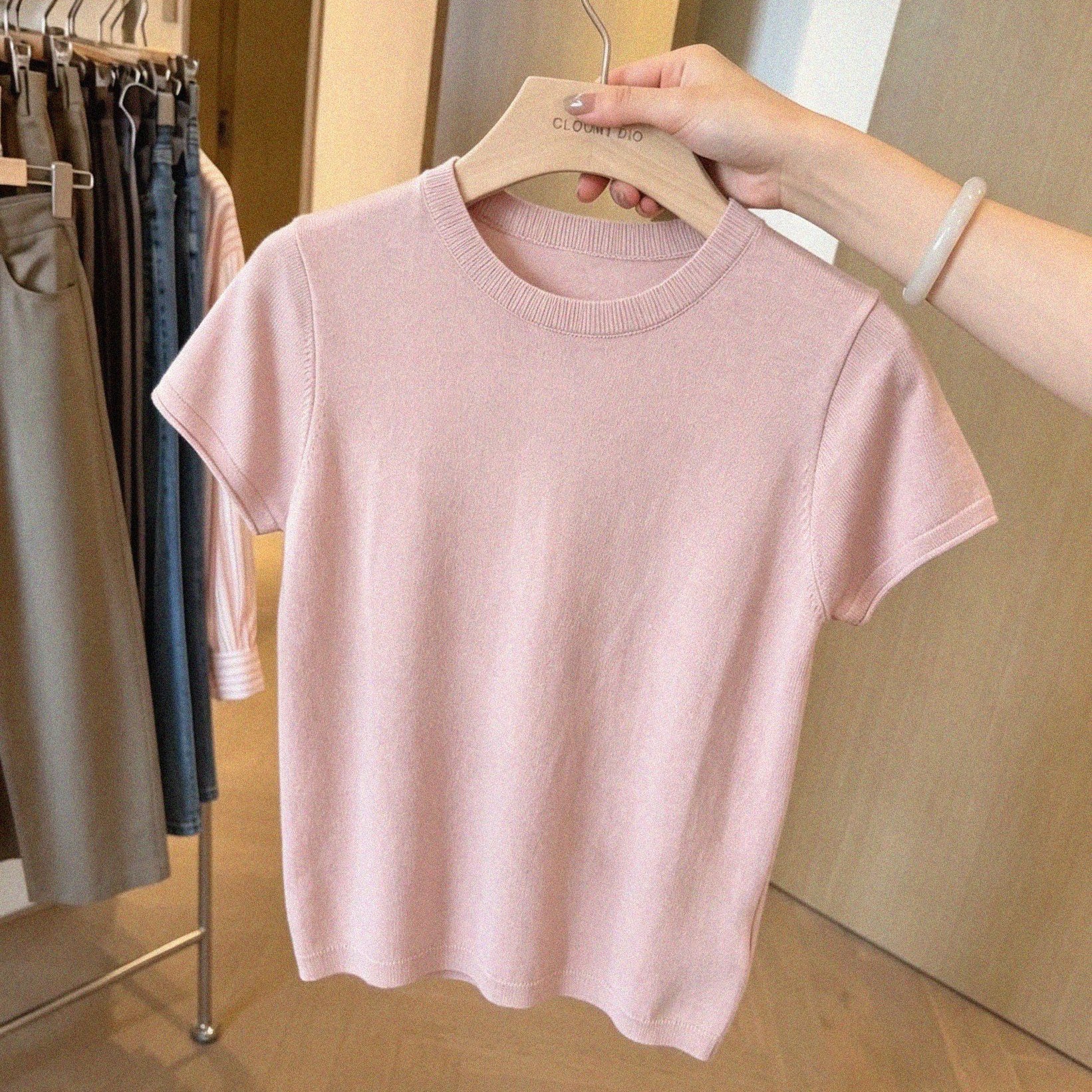 Pink Ice Silk Knit Short Sleeve T-Shirt for Women Summer Slim Fit - Image 5